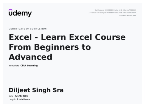 Excel-certificate of Diljeet Singh Sran