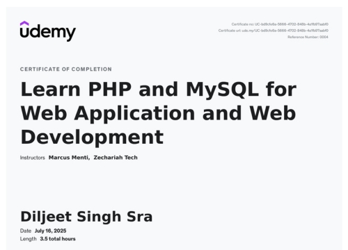 PHP-MYSQL-certificate of Diljeet Singh Sran