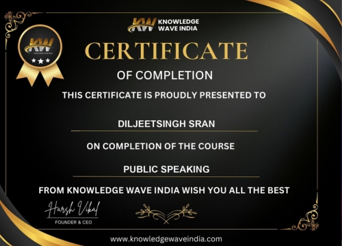 Public-speaking-certificate of Diljeet Singh Sran