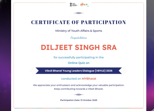 Viksit Bharat Young Leaders Dialogue certificate of Diljeet Singh Sran